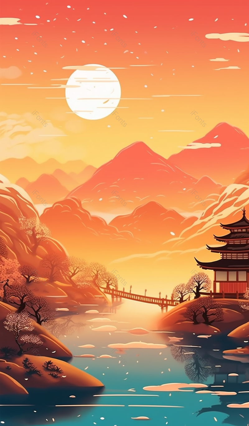 中国风山水建筑日出日出时分的太阳照映在平静的小桥湖面,插画/手绘图,插画/手绘图库,插画/手绘图下载,插画/手绘